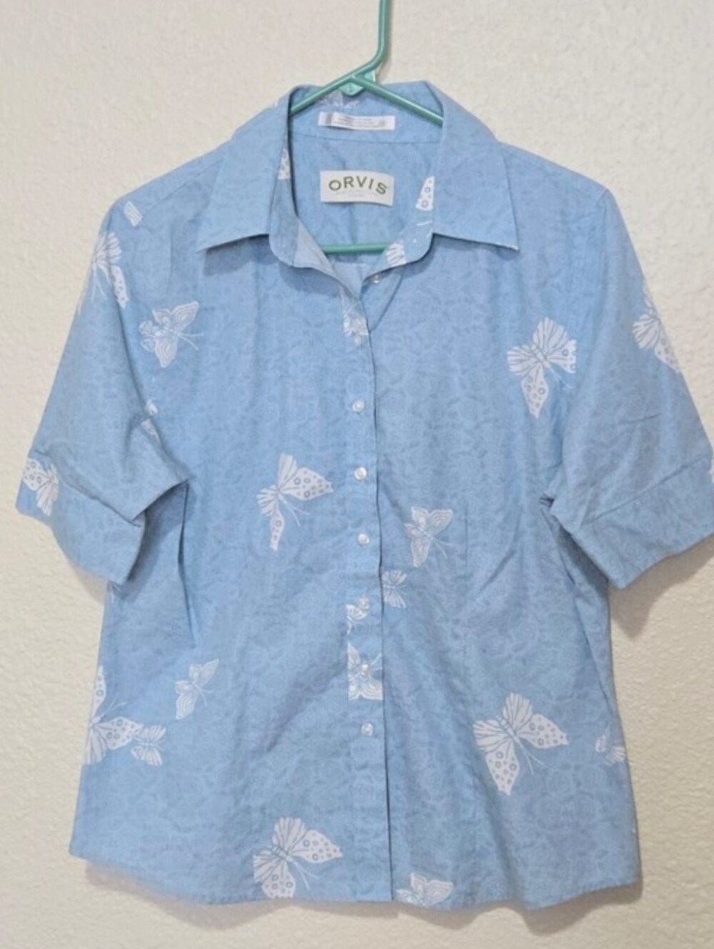 Vintage Orvis Short-Sleeve Button-Down Shirt - Light Blue - Butterfly - Size 12
